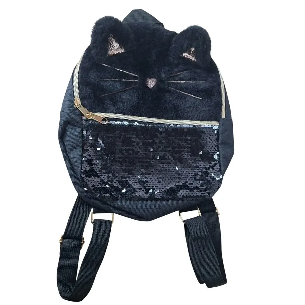 Inmocean Black Cat Mini Backpack Sequin Reversible Flip Fuzzy Kitty Ears Small
